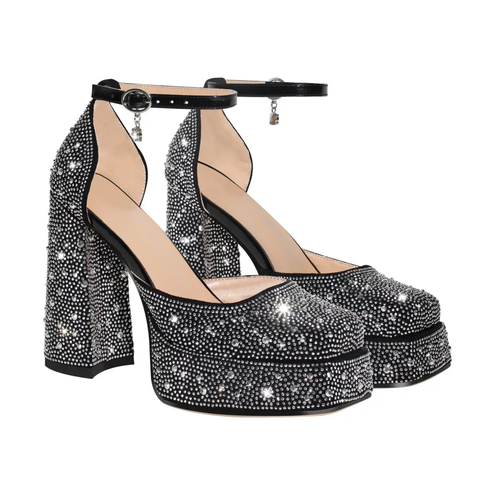 Rhinestone Square Toe Low Platform Chunky Heel Pumps