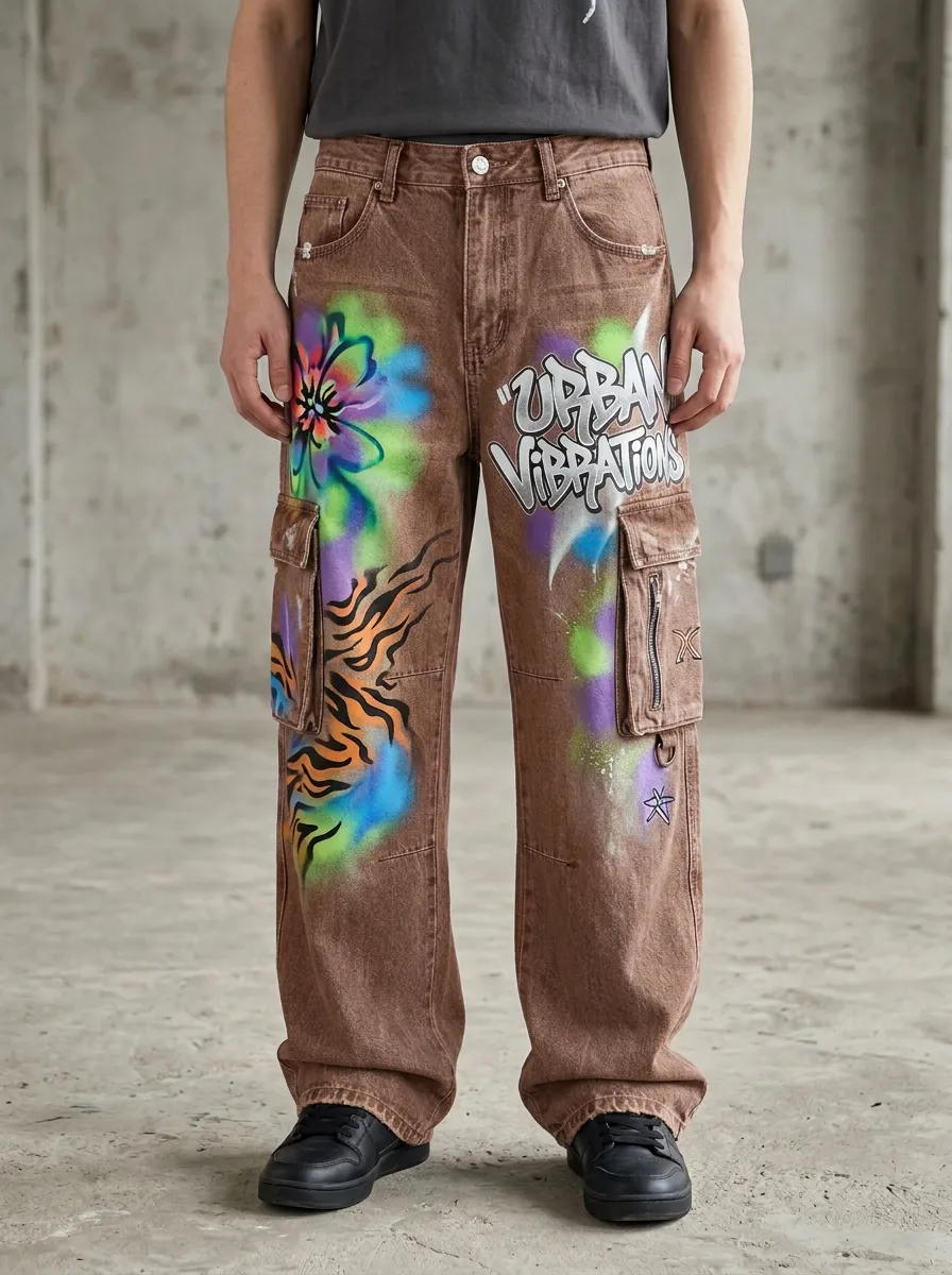 Men's Streetwear Urban Vibrations Graffiti Tiger Flower Graphic Cargo Jeans