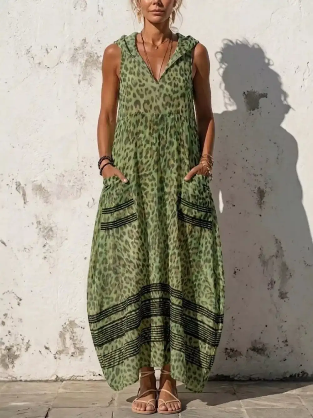 Sleeveless Hooded Leopard Print Maxi Dress With Pockets