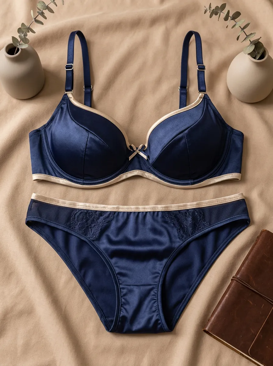 Women's Satin Lace Trimmed Satin Floral Lingerie Set