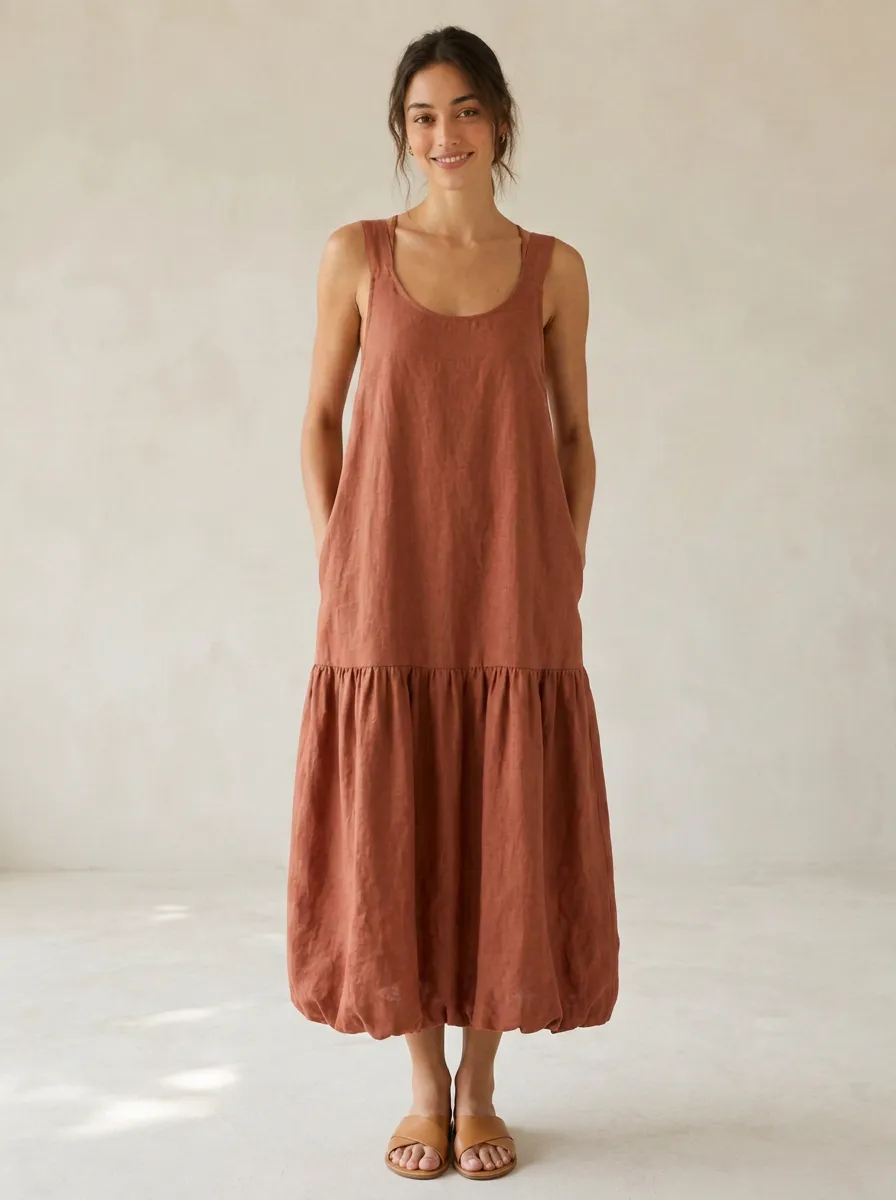 Women's Casual Crisscross-Back Linen Midi Backless Dress