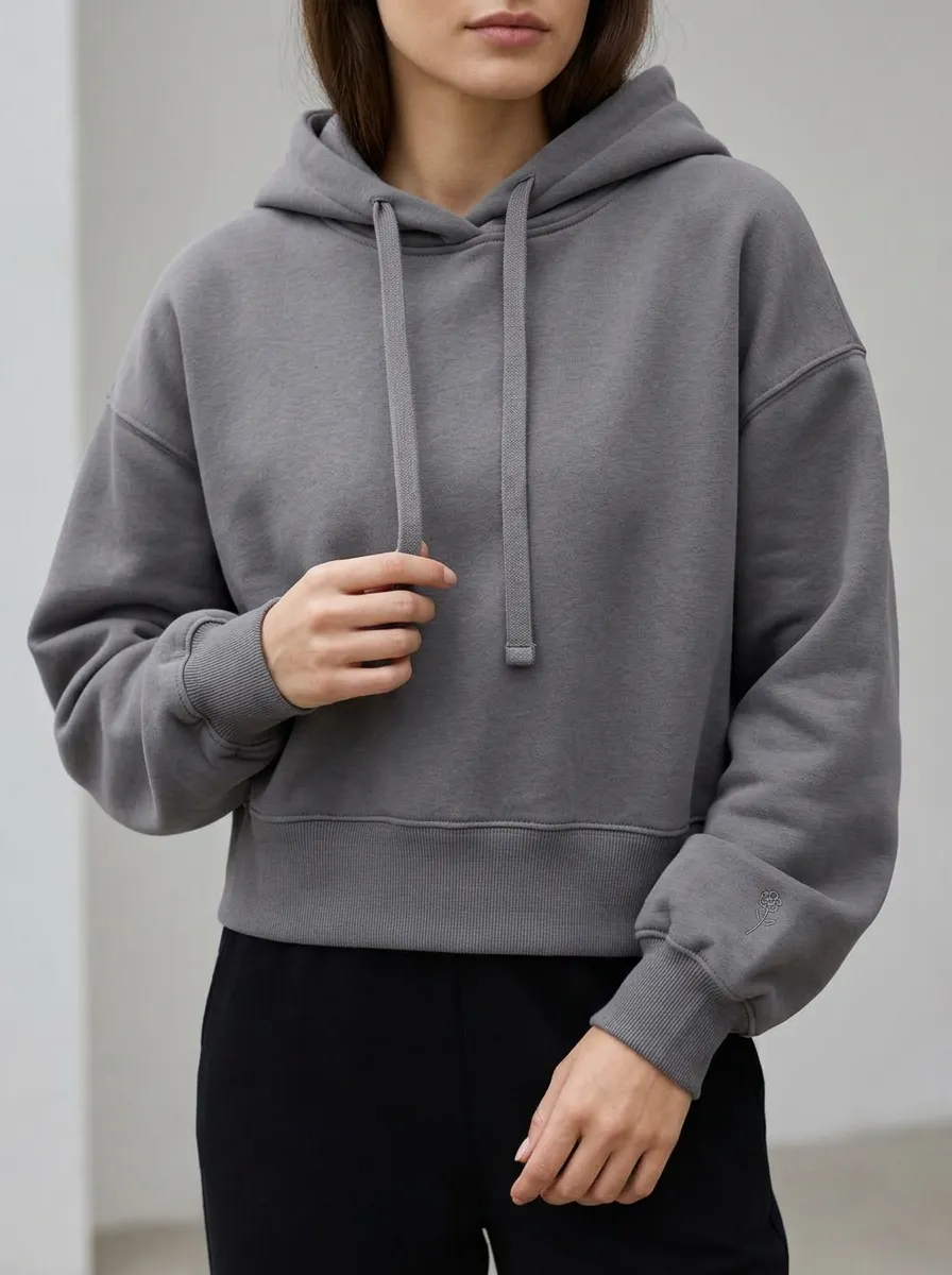 Women's Minimalist Flower Embroidered Solid Grey Cropped Hoodie
