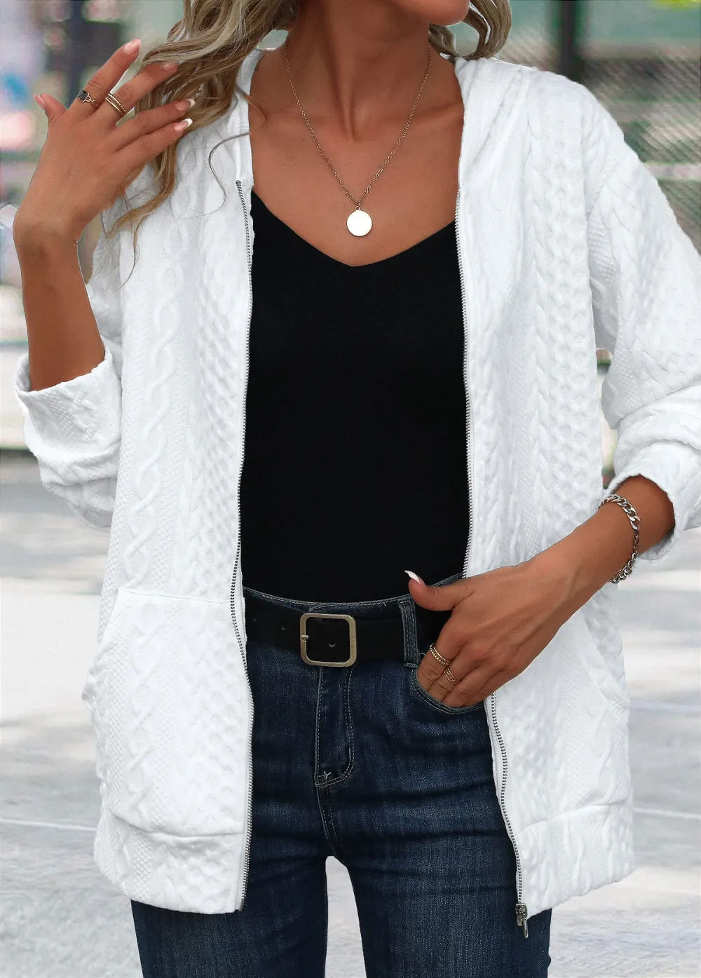 White Patchwork Long Sleeve Hooded Coat