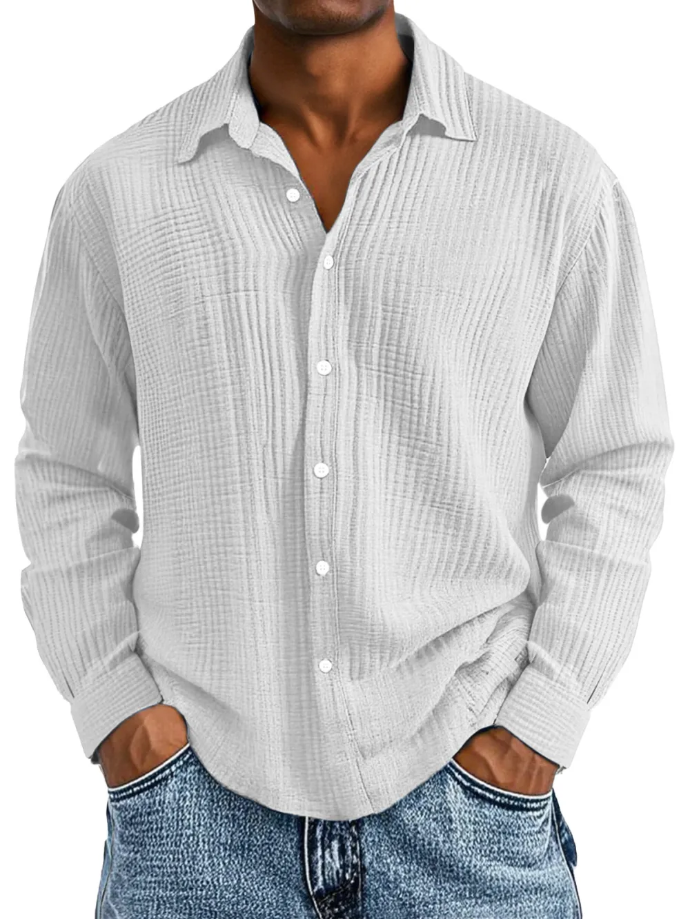 Layered Long Sleeve Camp Collar Pleated Front Shirt