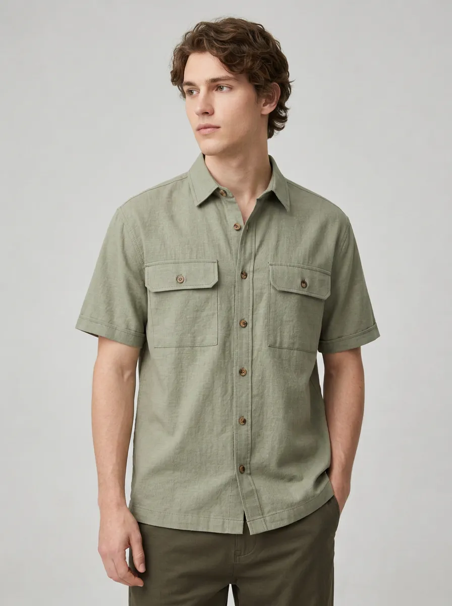 Men's Casual Summer Breathable Olive Green Linen Button-Down Shirt