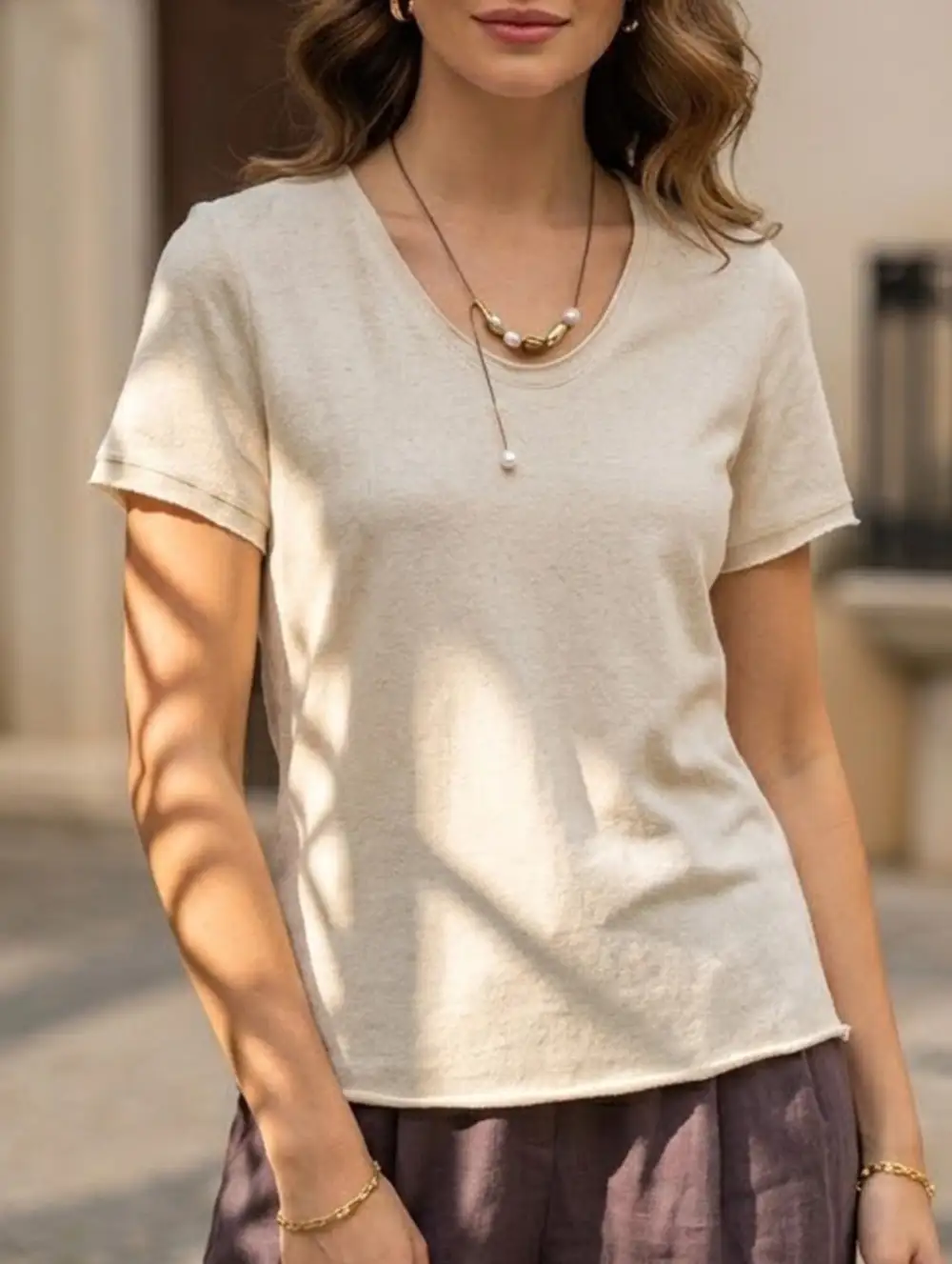 Linen Blend V Neck Knit Tee