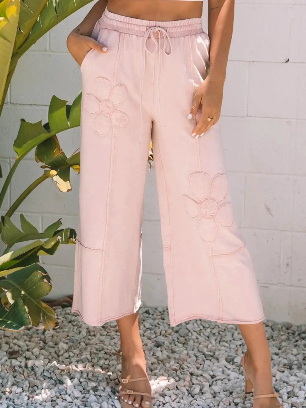 Wide Leg Cropped Drawstring Floral Pants