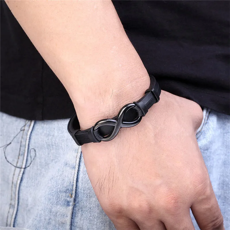 Infinitely Design Titanium Steel Single Layer Leather Bracelet