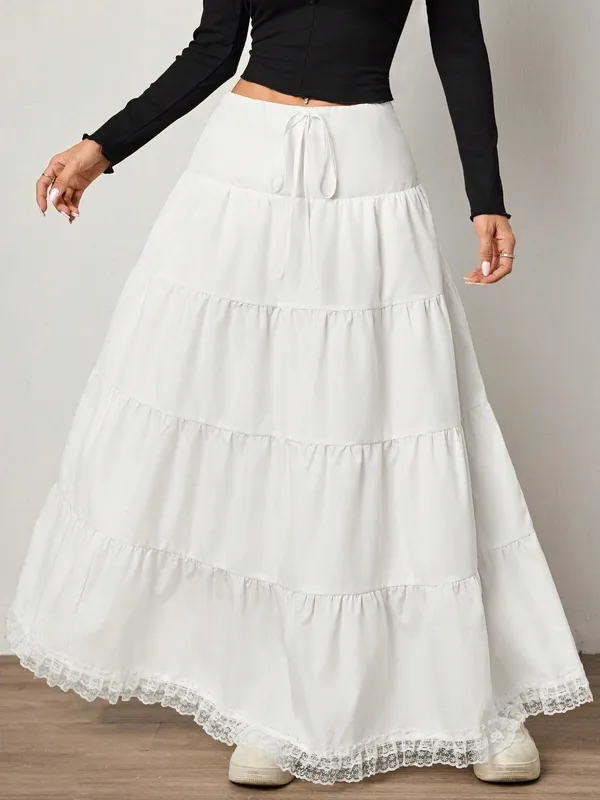 Women's Contrast Lace Knot Ruffle Hem Loose Long Skirt