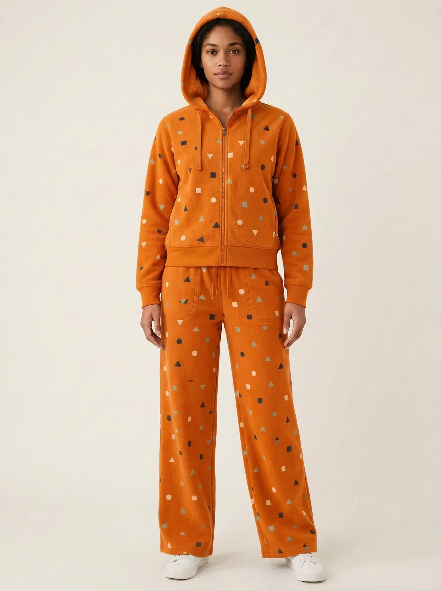 Women's Geometric Print Zip-Up Hoodie And Lounge Pant Set