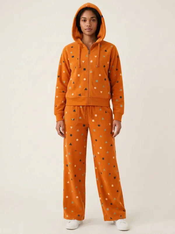 Women's Geometric Print Zip-Up Hoodie And Lounge Pant Set