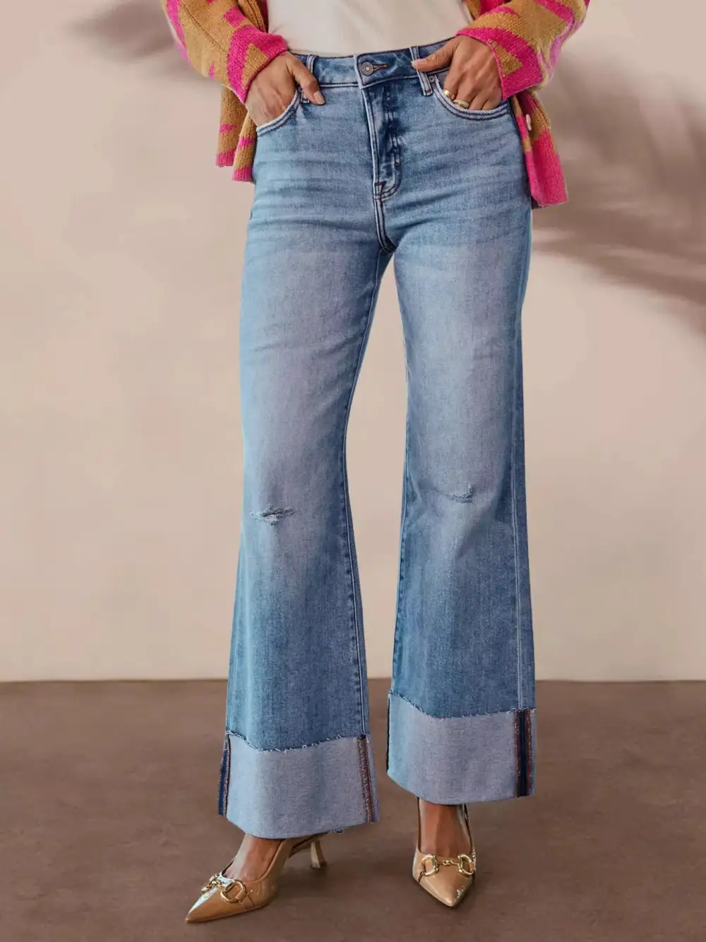 Distressed High-Waisted Flare Jeans Stretchy Denim Pants