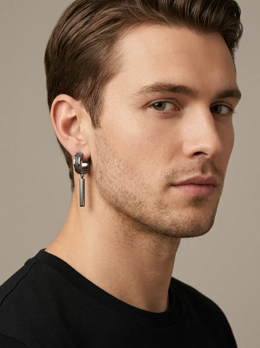 Men's Sculpted Geometric Bar Dangle Hoop Earrings