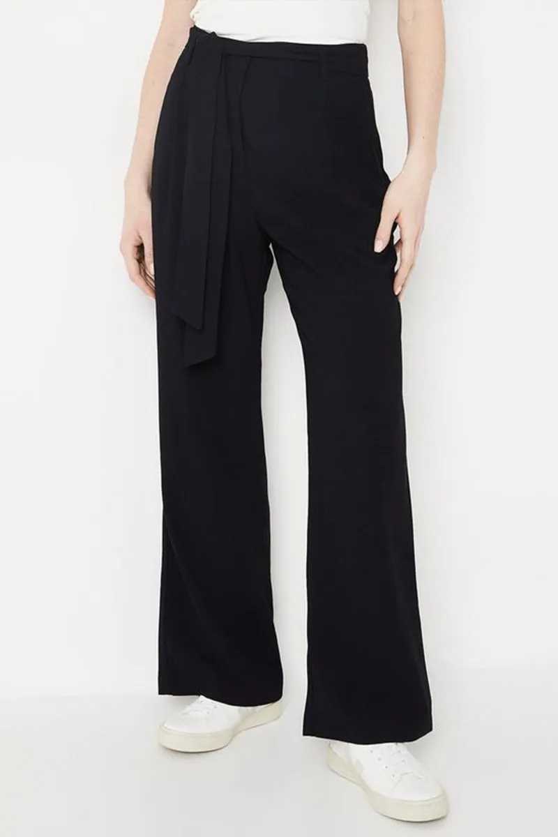 Casual Style Belted Wide Leg Black Trouser