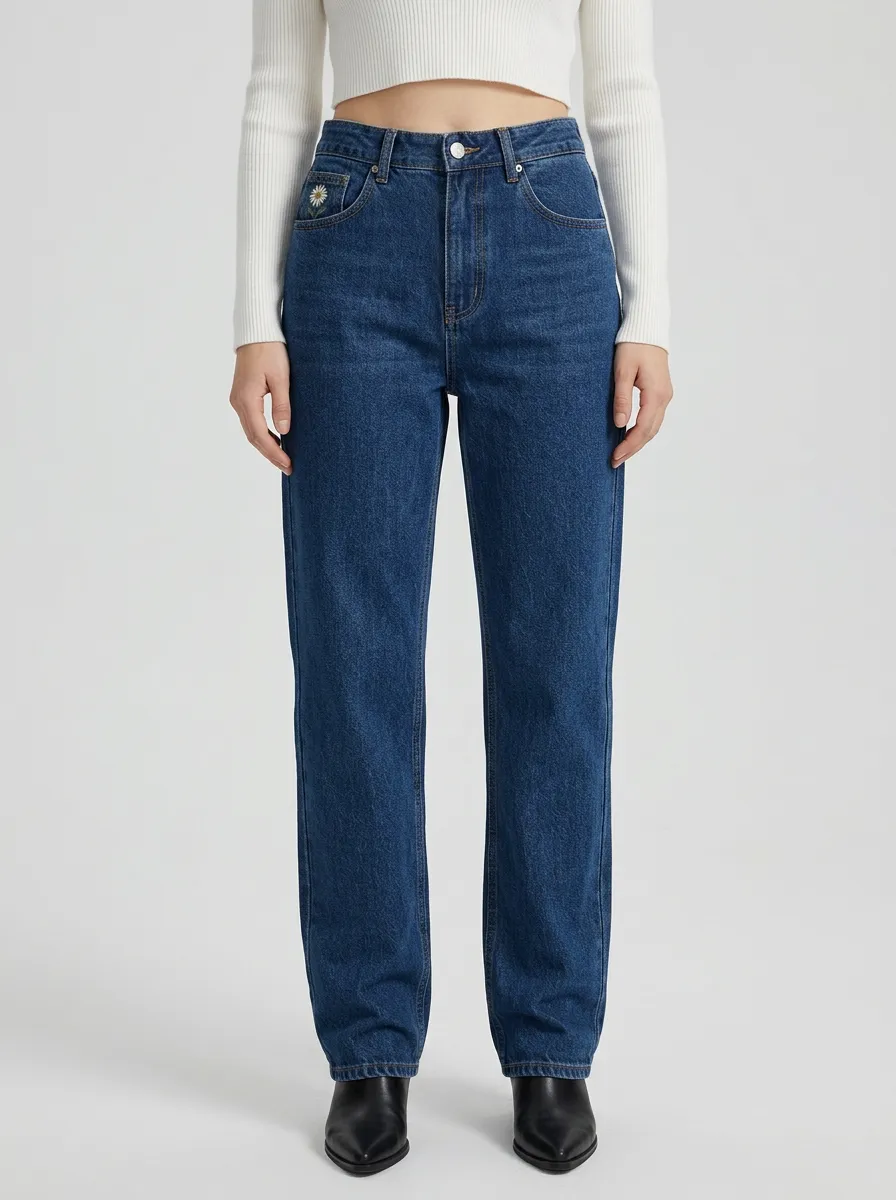 Women's Daisy Floral Embroidered Contrast-Stitch High-Rise Straight-Leg Jeans