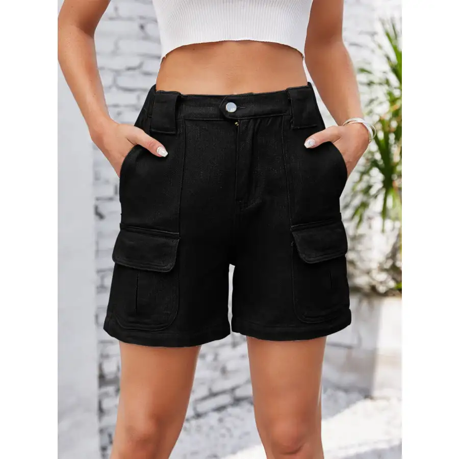 High Waist Pocketed Washed Denim Shorts