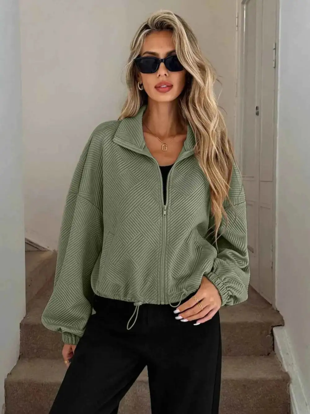 Drawstring Hem Textured Long Sleeve Jacket