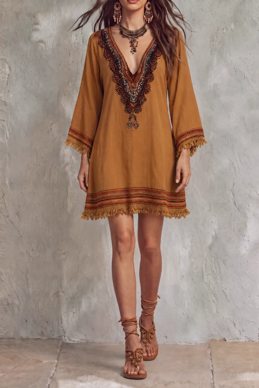 Plunge Neck Fringe Mini Dress