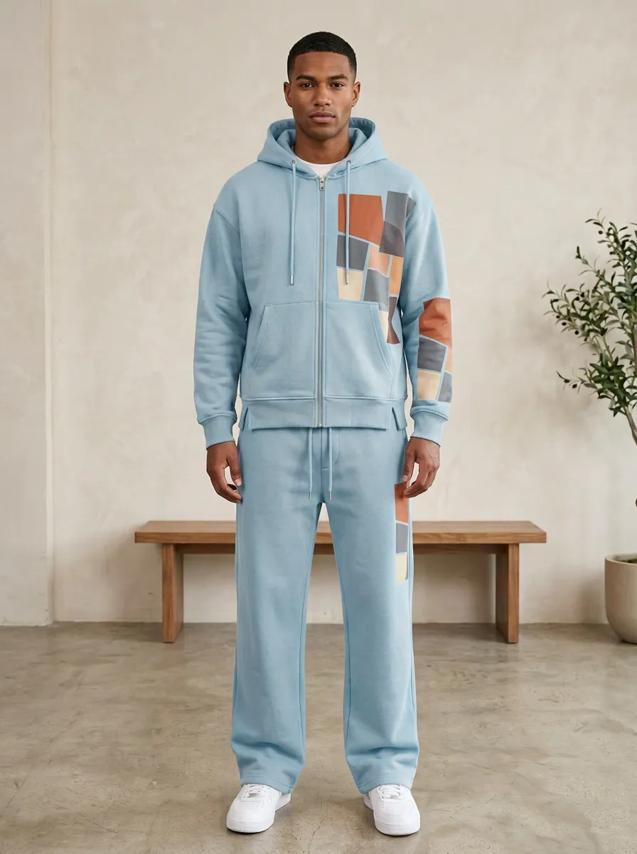 Men's Geometric Patchwork Printed Hooded Tracksuit