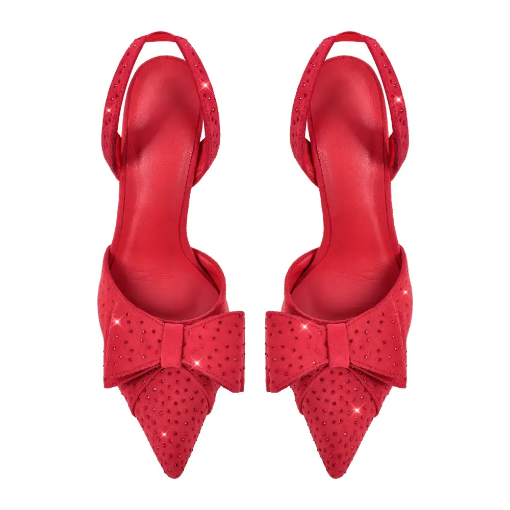 Suede Finish Rhinestone Pointed Toe Stiletto Slingback Pumps