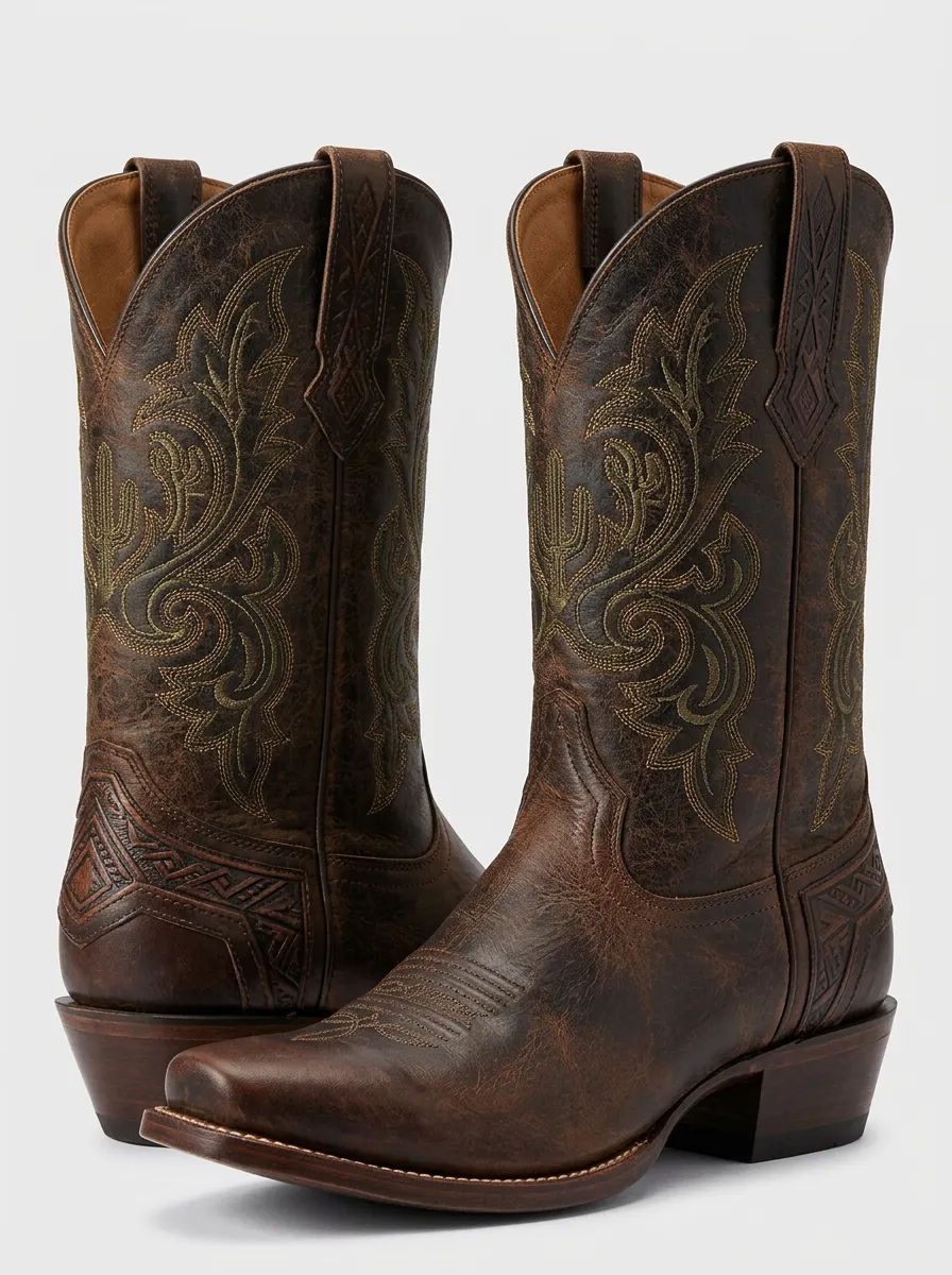 Men's Western Cowboy Cactus Embroidered Printed Western Boots
