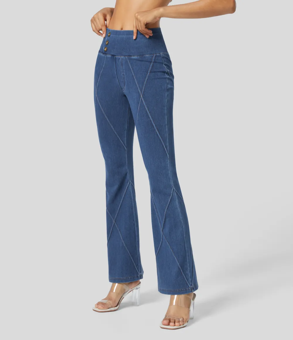 Magic High Waisted Button Top-stitching Washed Stretchy Knit Casual Flare Jeans