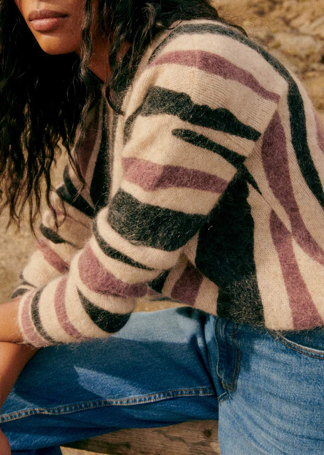 Zebra-Print Long-Sleeved Wool And Suede Pullover