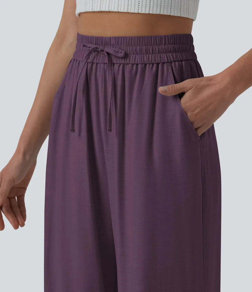 2026🔥High Waisted Drawstring Wide Leg Casual Linen-Blend Trousers with Pockets