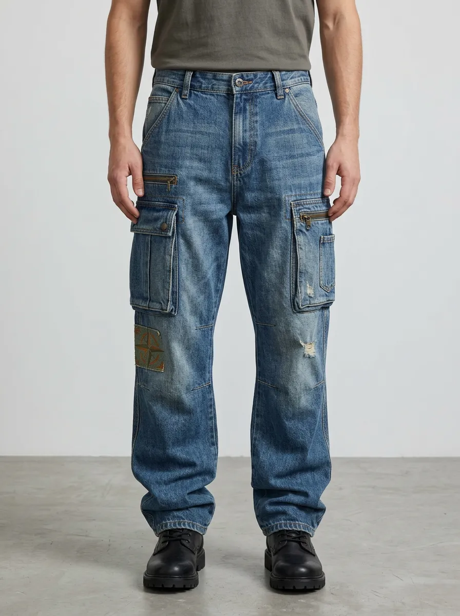 Men's Vintage Compass Patch Distressed Denim Cargo Jeans