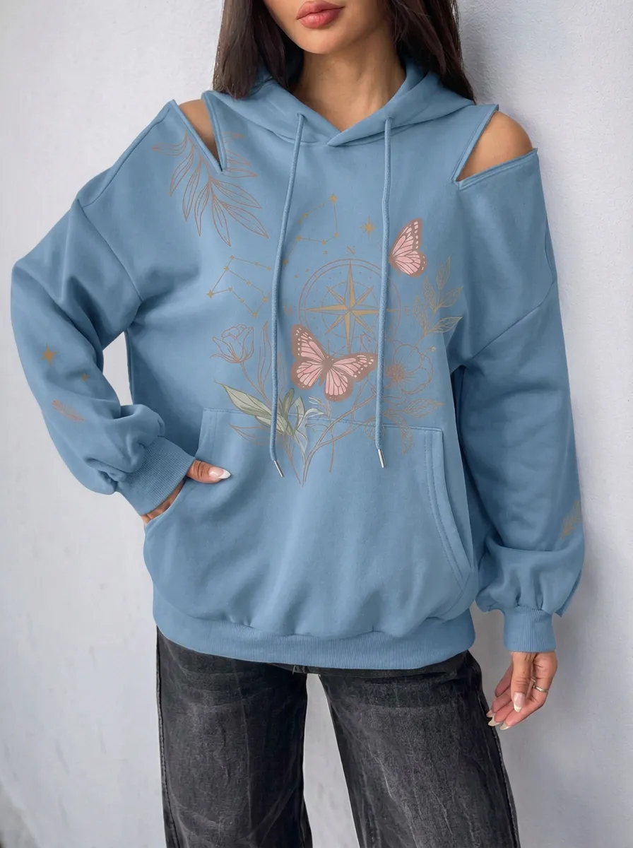 Women's Boho Butterfly Compass Floral Printed Cold Shoulder Hoodie