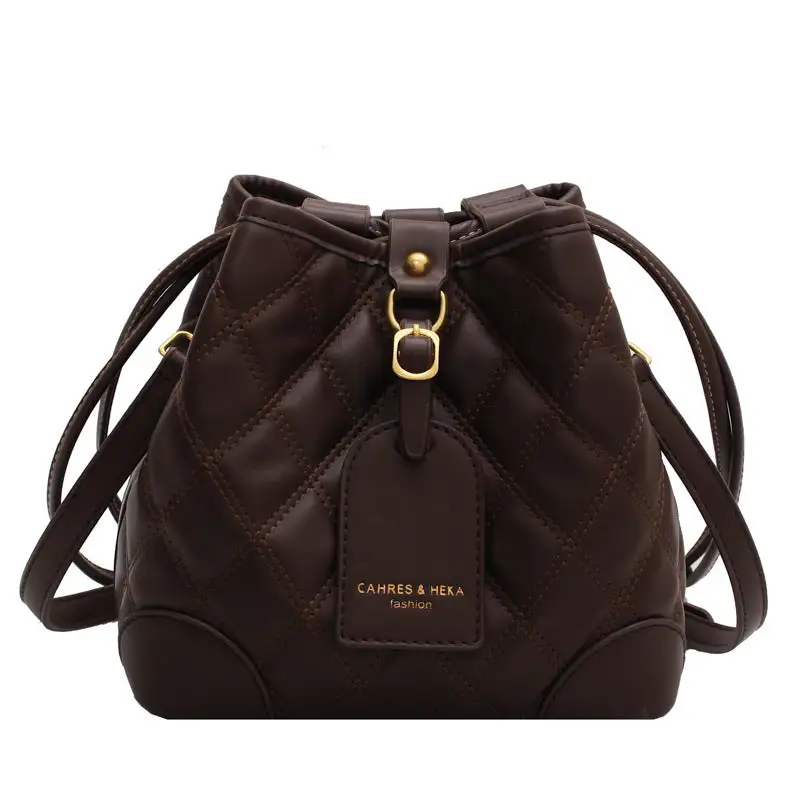 Korean-Inspired Rhombus Pattern PU Bucket Bag Small Handbag