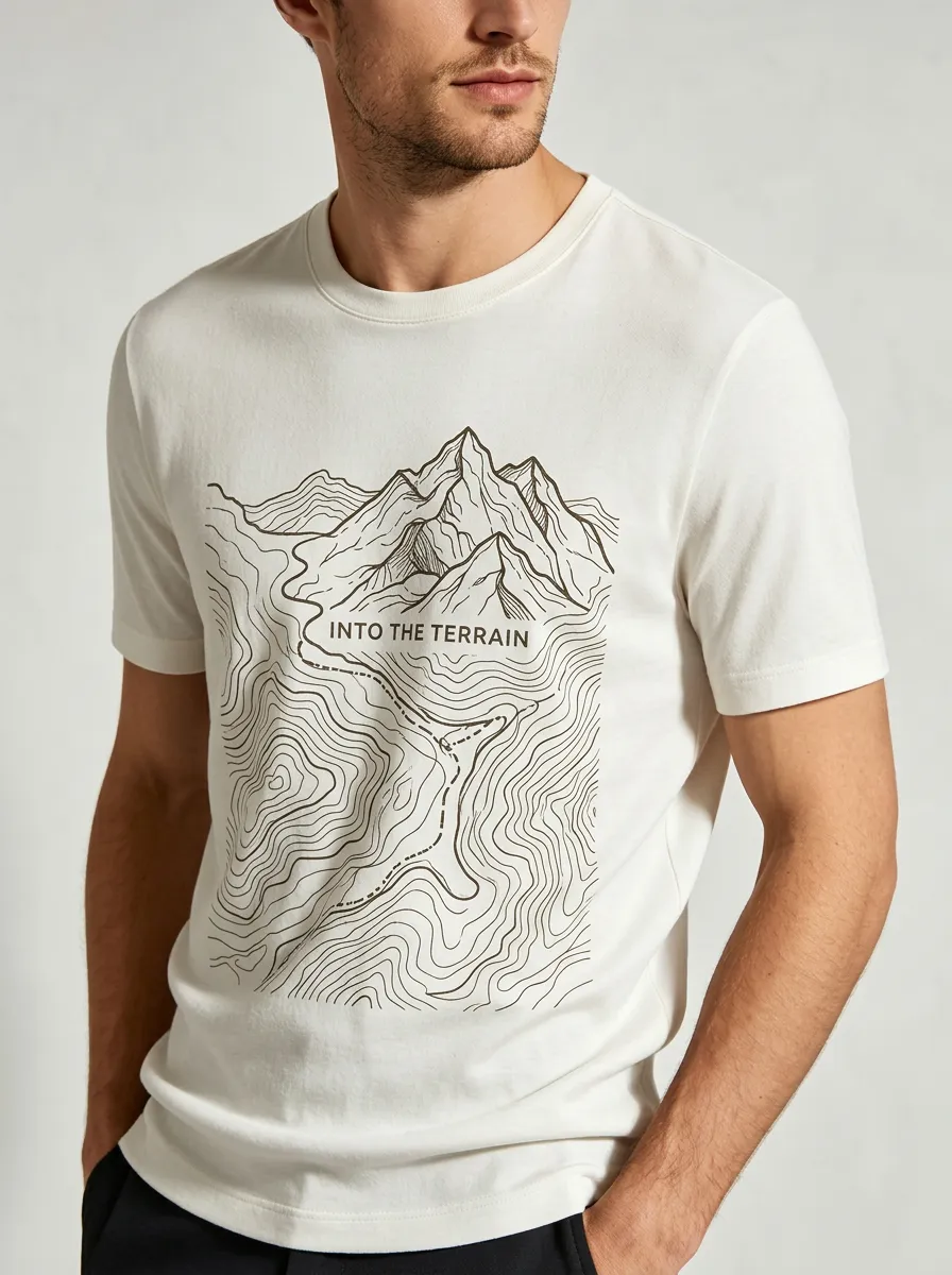 Men's Hiking Adventure Mountain Topographic Map Printed T-shirt