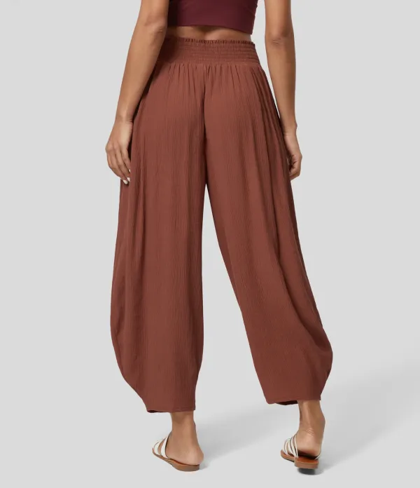 High Waisted Back Elastic Side Pocket Plicated Barrel Leg Casual Joggers