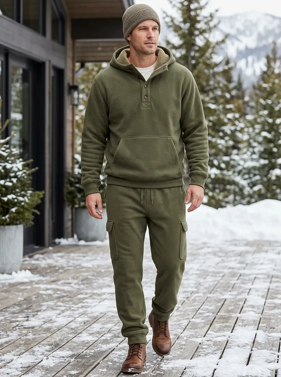 Men's Winter Fleece-Lined Hoodie and Pants Set with Ribbed Cuffs