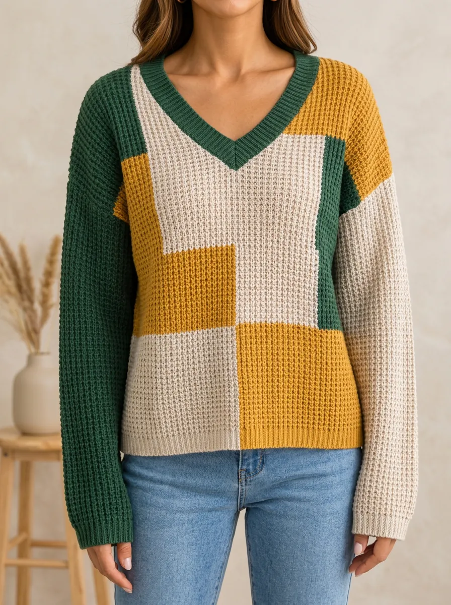 Geometric Pattern Meets Waffle Knit in a V Neck Pullover