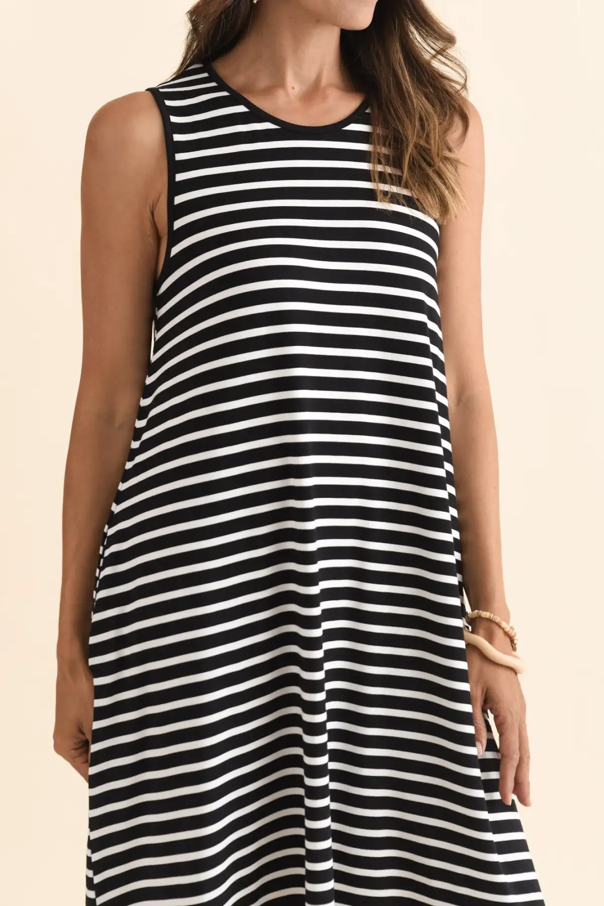 Knee-Length Striped Bamboo Pocket Round-Neck Sleeveless A-Line Dress