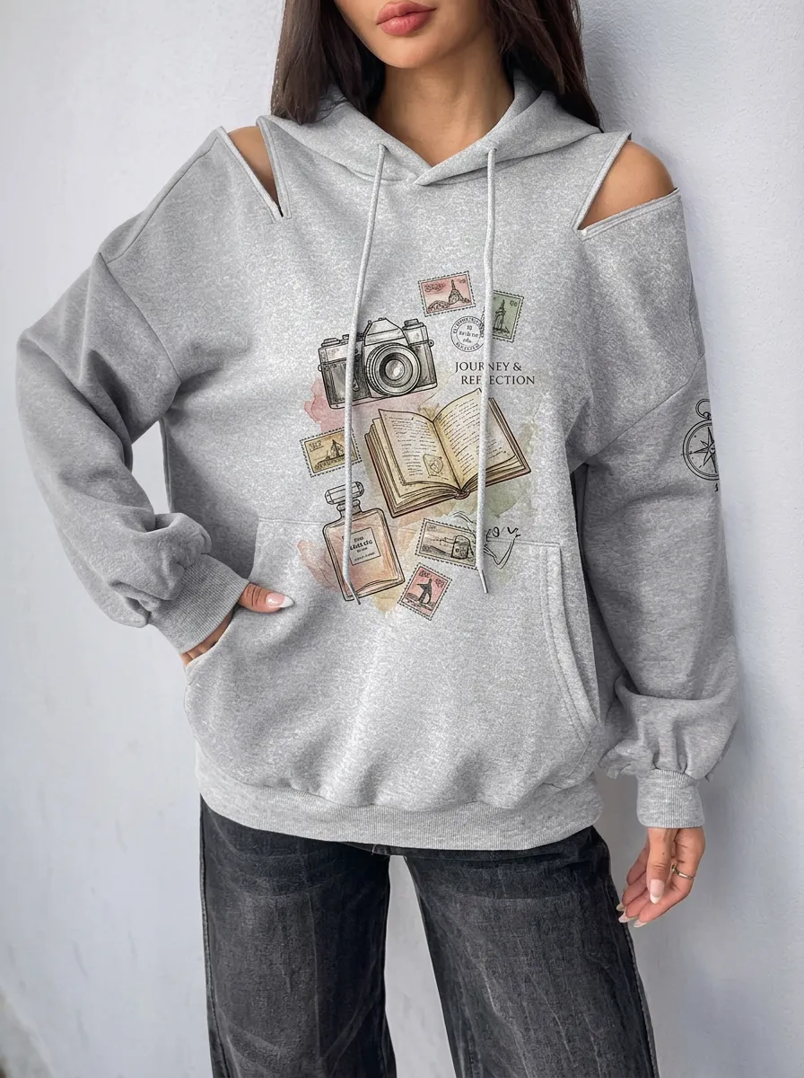 Women's Travel Lover Camera Book Stamp Printed Cold Shoulder Hoodie