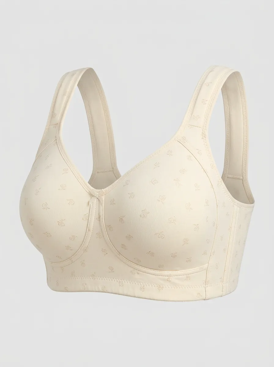 Women's Plus Size Beige Rose Floral Full-Coverage Wide-Strap Wireless Bra