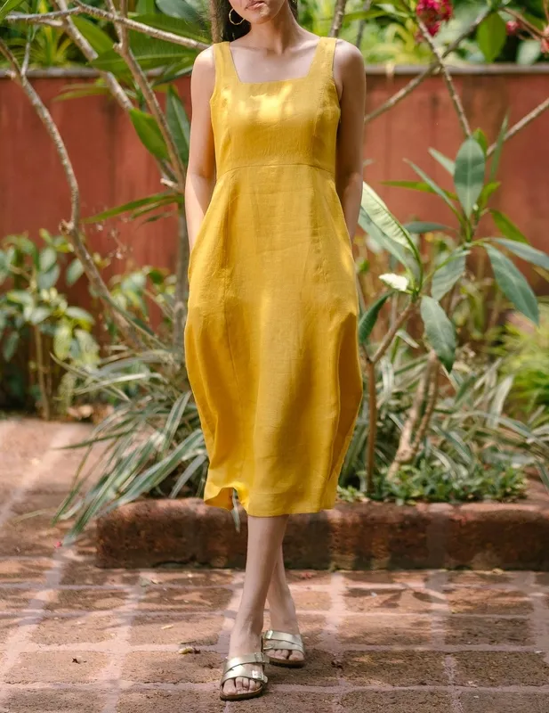 Mustard Linen Square-Neck Midi Dress