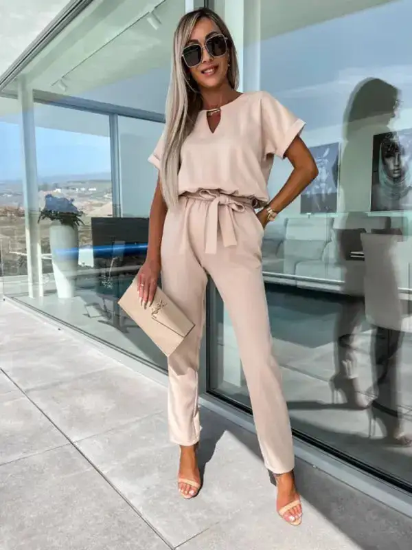 Short Sleeved V Neck Slip Pocket Shorts