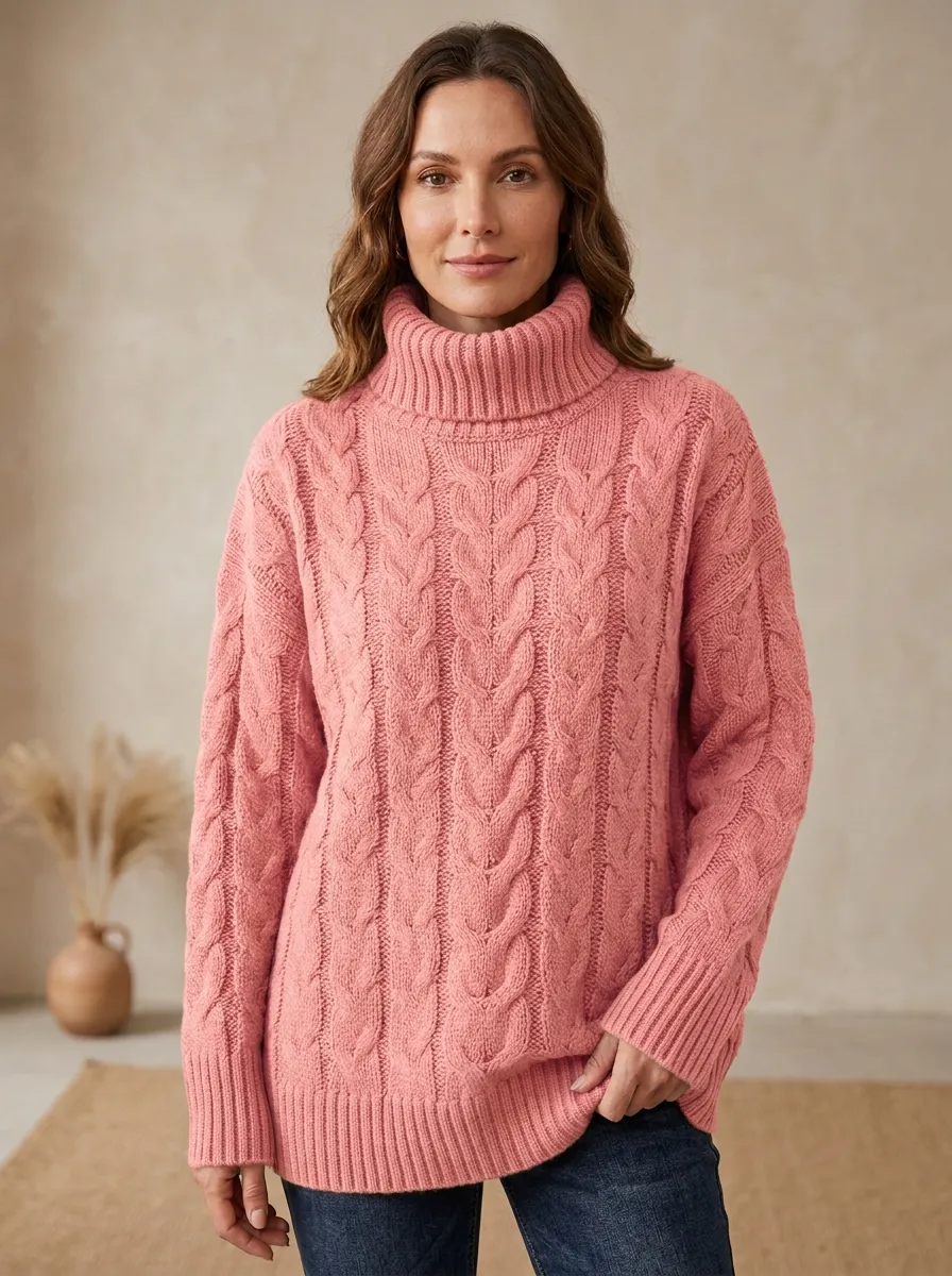 Women's Casual Autumn Style Rust Cable Knit Turtleneck Sweater