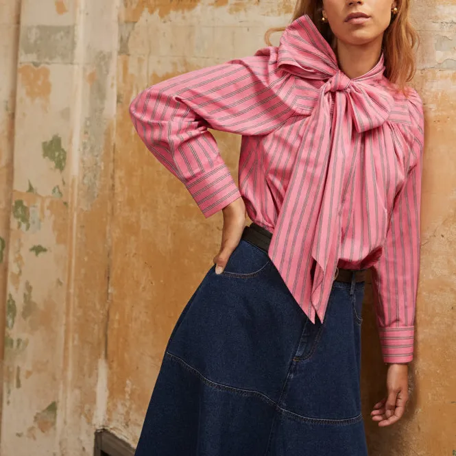 Denim Bow-Detail Striped Women's Shirt