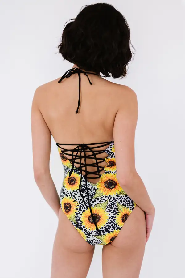 Swimwear Sunflower Halter Knot Back Lace Up Padded Monokini