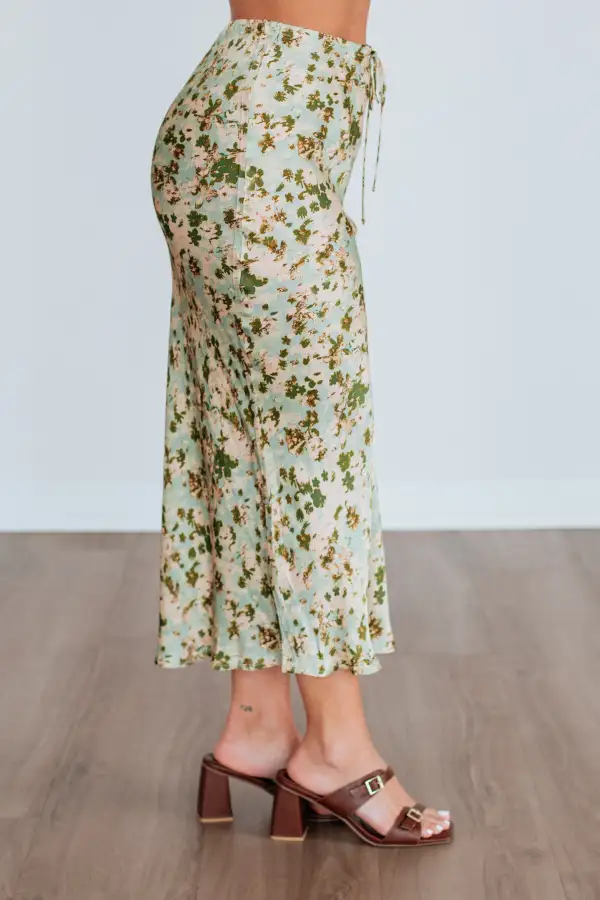 Floral Print Satin Elastic Waist Midi Skirt