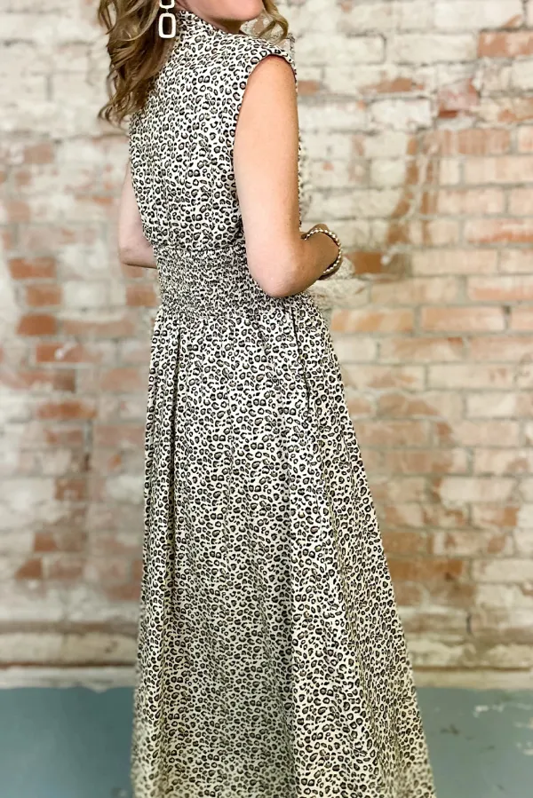 Beige Leopard Zip Front Maxi Dress