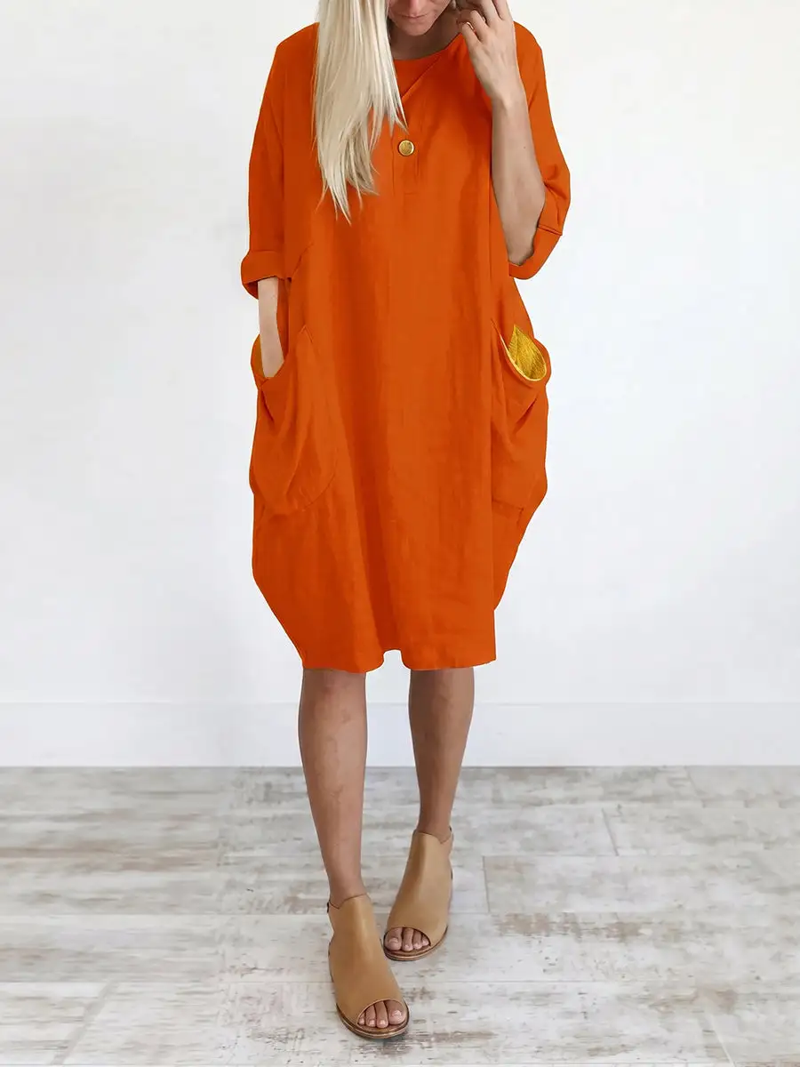 Refined Long Sleeve Relaxed Pocket Solid Color Round Neck Mini Dress