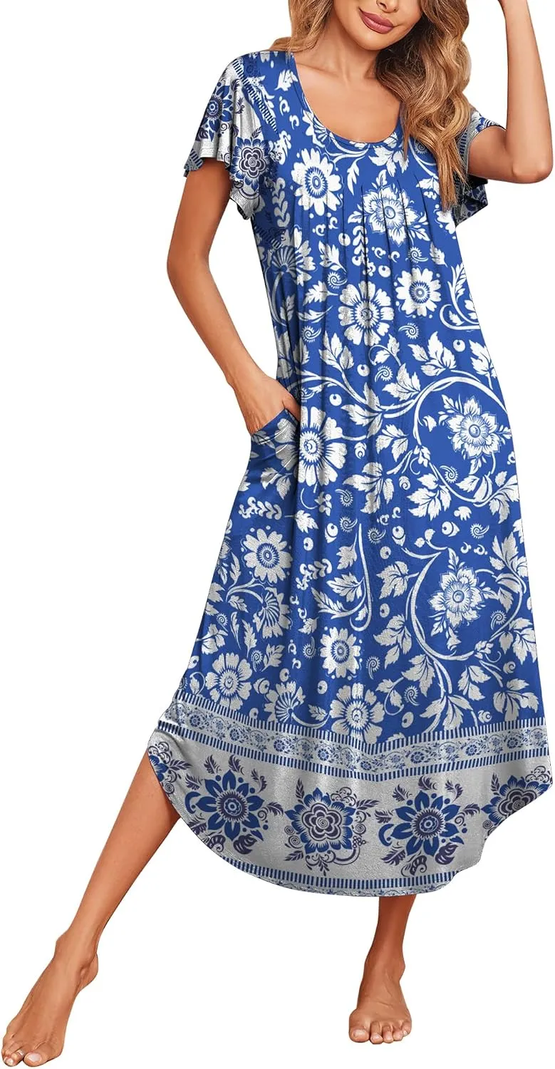 Ekouaer Long Nightgowns for Women with Pockets Short Sleeves House Dresses