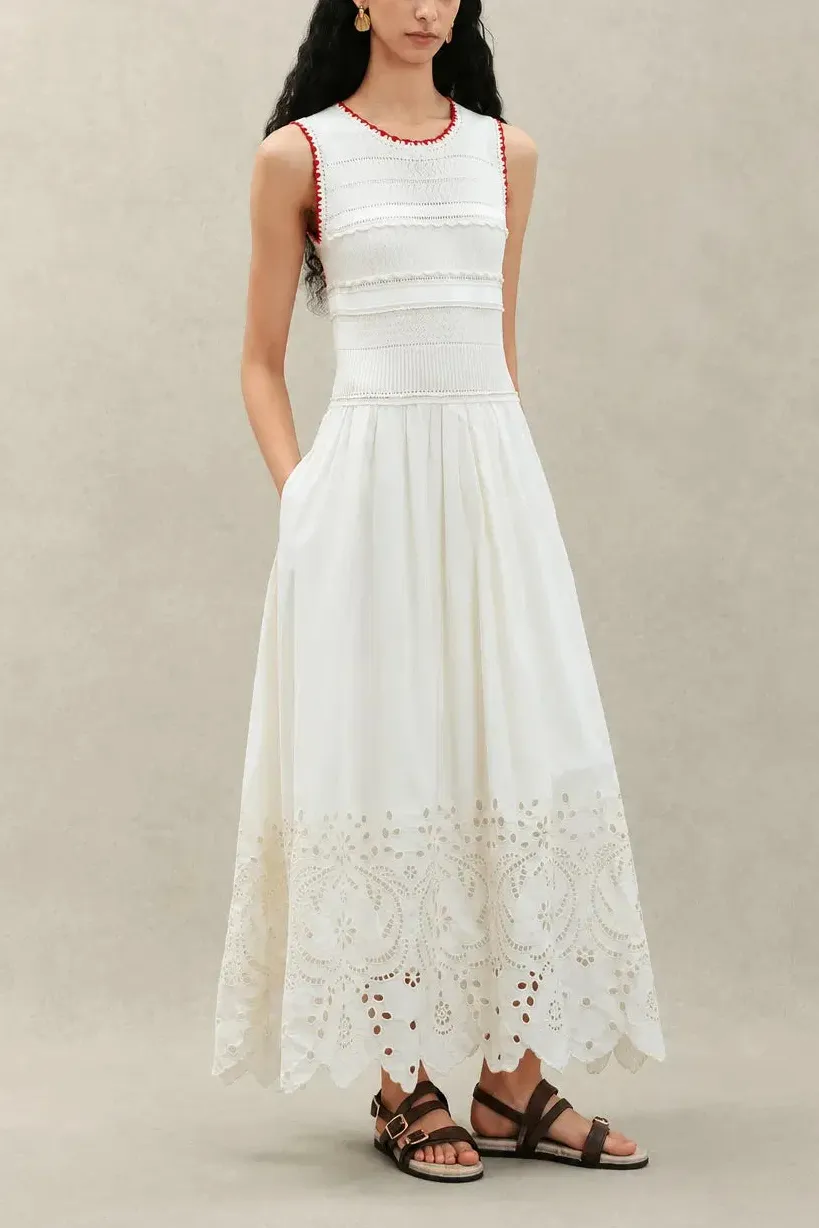 Embroidered Layered Cotton Cashmere Maxi Dress