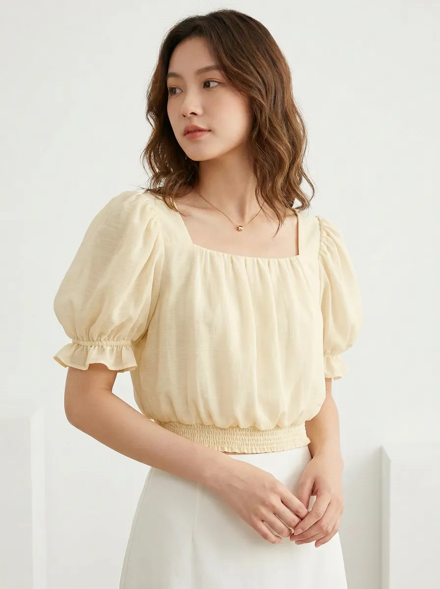 Square-Neck Smocked Women's Puff-Sleeve Blouse