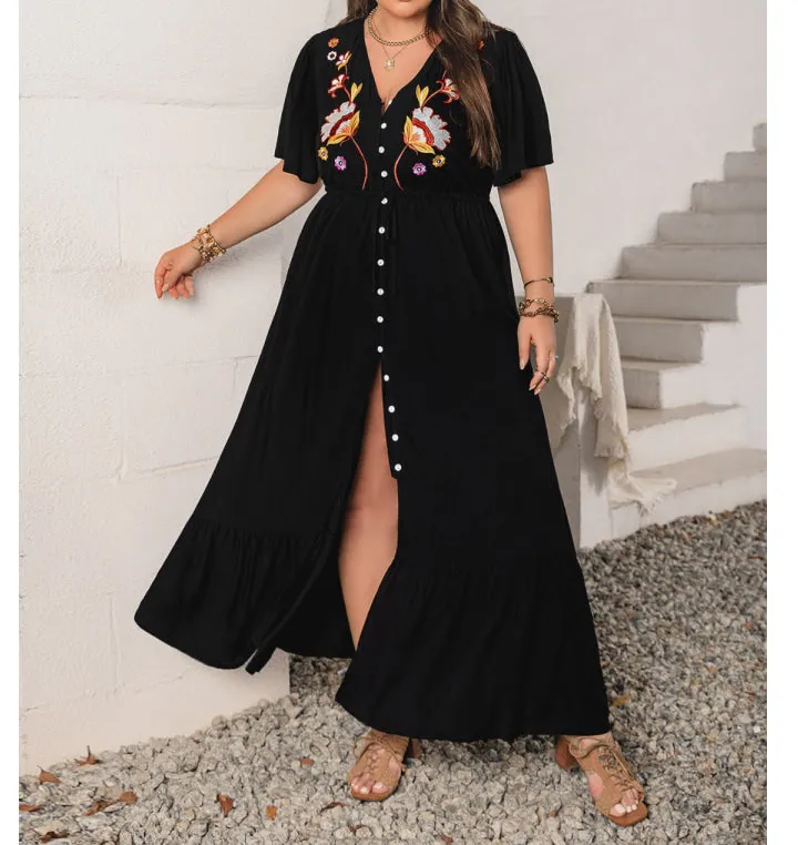 Plus Size Embroidered V Neck Flutter Sleeve Maxi Dress